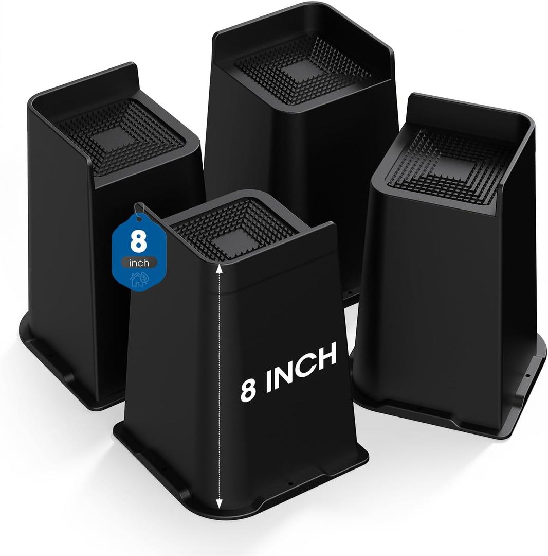 Bed Risers 2 inch, 3 inch, 4 inch, 6 inch or 8 inch Heavy Duty Furniture Risers, Up to 6000 Lbs L Shaped Design Bed Lifts Blocks for Couch Desk Sofa Table (Black, 8 Inch 4 Pack)