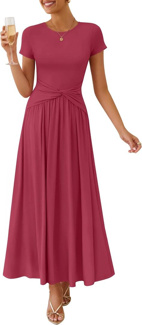ZESICA Women's 2026 Summer Short Sleeve Maxi Dresses Twist Front Wedding Guest Cocktail Flowy A Line Long Dress Small