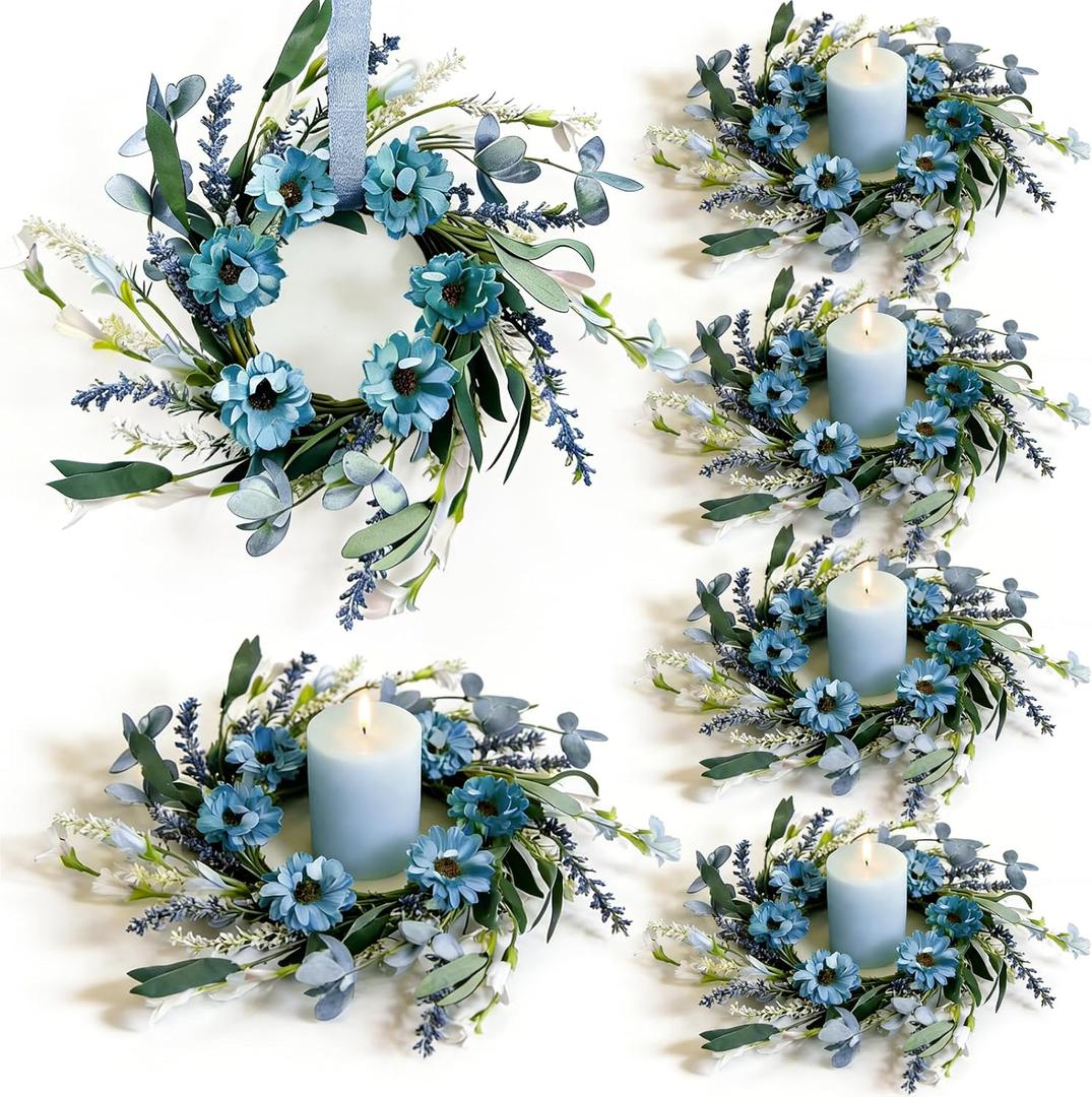 6 Pcs Small Blue Daisy Flower Candle Rings Wreaths Mini Pillar Candle Holder Wreath with White Floral Eucalyptus Leaves Lavender Artificial Spring Grains Wreath for Home Kitchen Table Cnterpieces