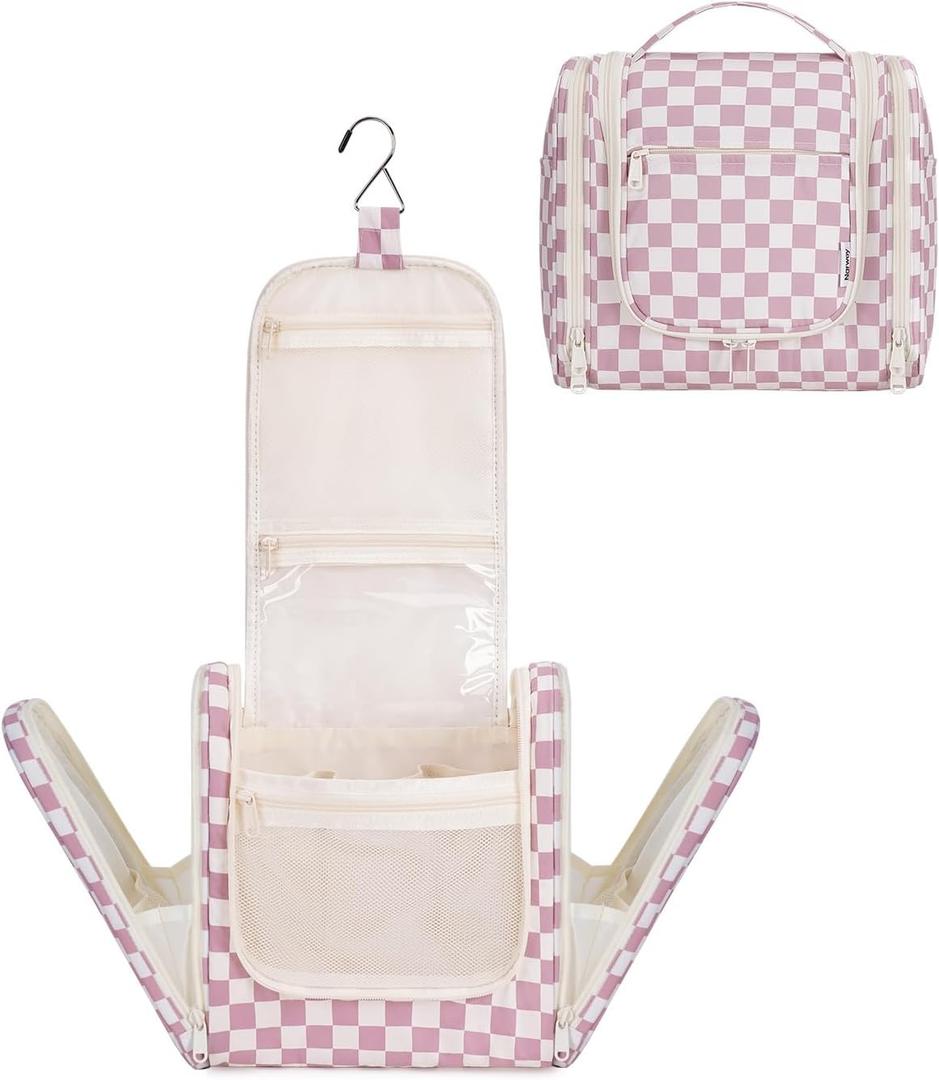 Narwey Hanging Toiletry Bag for Women Travel Makeup Bag Organizer Toiletries Bag for Cosmetics Essentials Accessories (ZA-Dusty Pink Checkerboard)