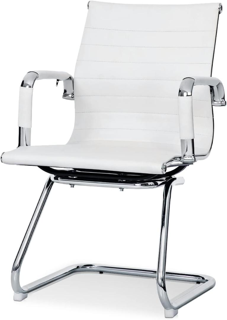 Magshion Conference Chair Heavy Duty Reception Chair No Wheels Mid-Back Sled Base Office Guest Chairs in PU Leather for Waiting Room, White (1 Pack)