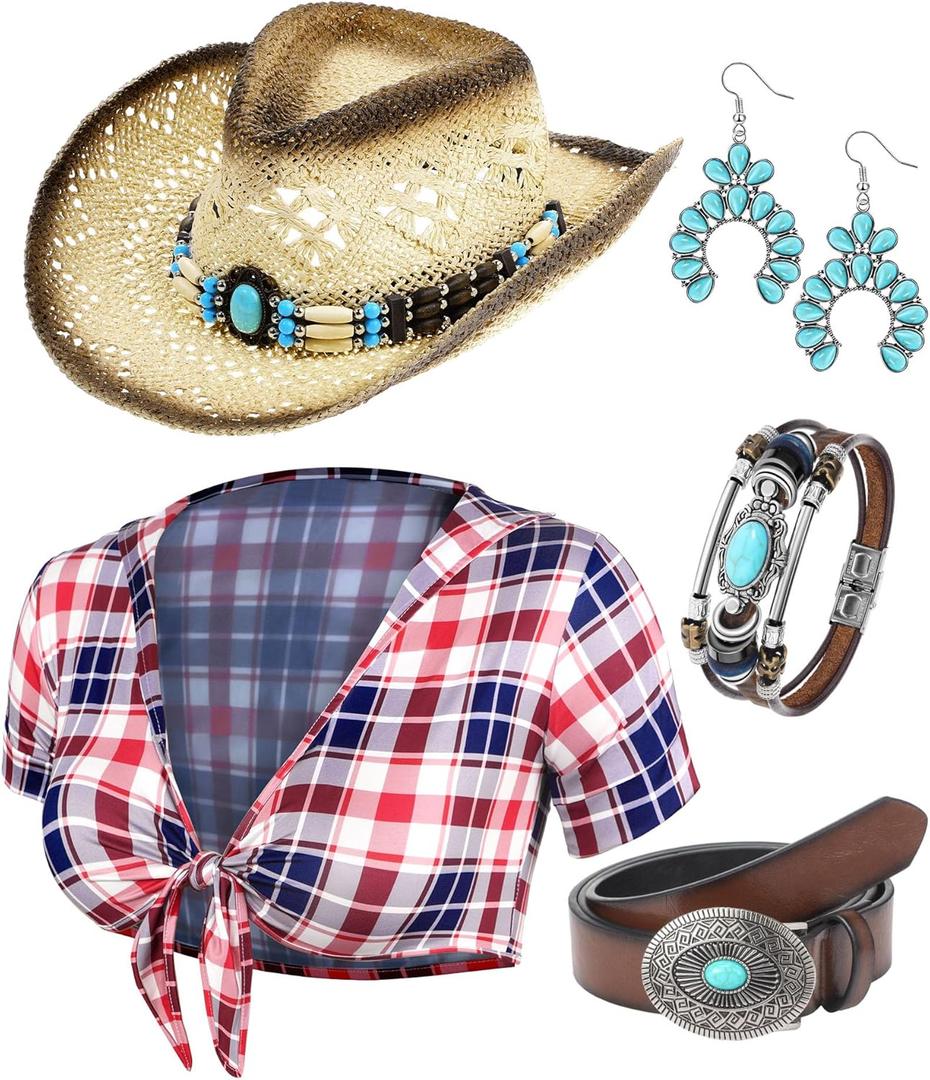Hicarer 5 Pcs Cowgirl Outfit Costume Women Roleplay Set Tshirt Cowboy Hat Buckle Belt Pendant Earrings for Halloween (Small, Novelty)