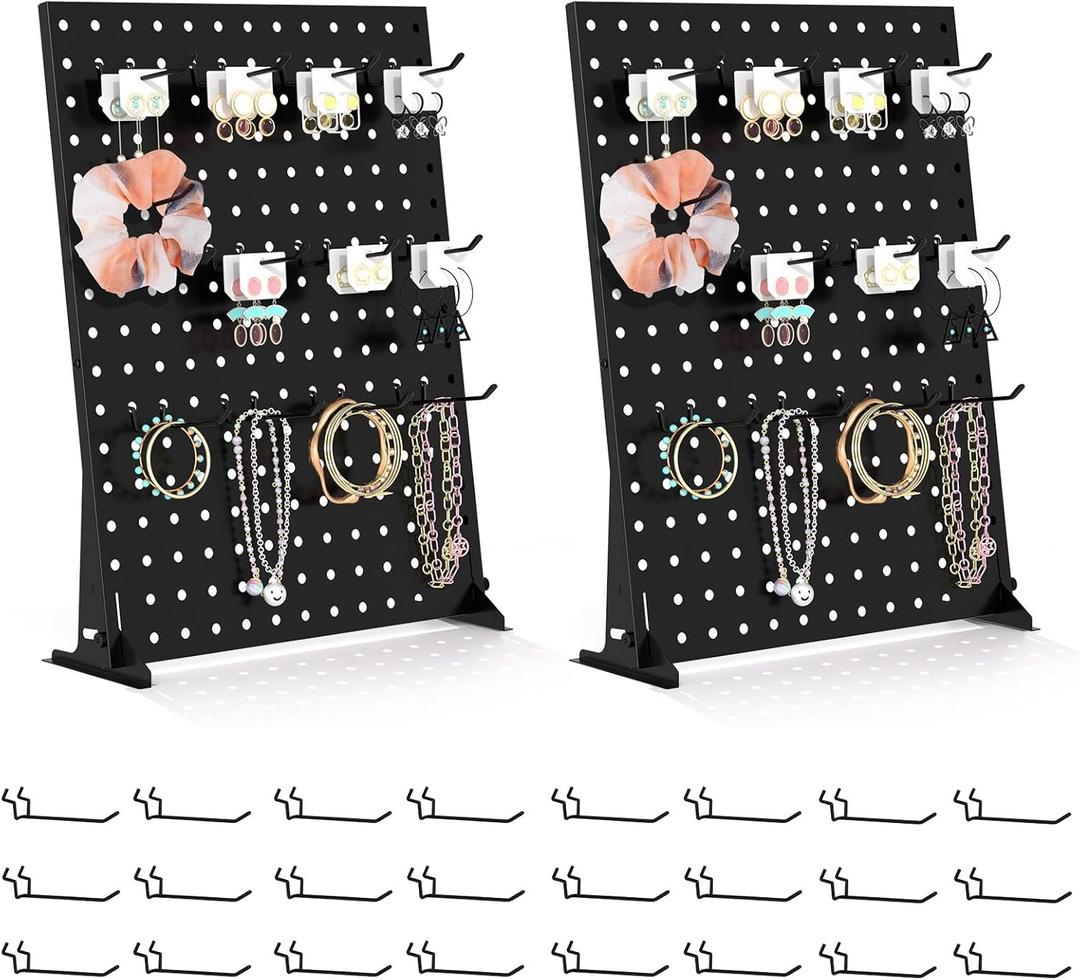 Urban Deco Portable & Adjustable Peg Board Display Stand | 17x13 Inch with 12 Hooks | Small Pegboard Quick-Setup, Metal Jewelry Organizer for Retail Stores, Craft Shows & Vendor Events (2-Pack, Black)