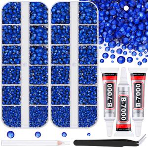 12100Pcs Resin Rhinestones for Crafting with 3Pcs 10ml B7000 Jewelry Glue, 2 Boxes Flatback Crystals Diamond (Royal Blue) for Bedazzling Crafts DIY Nail Art Makeup Non Hotfix Gems for Clothing Shoes