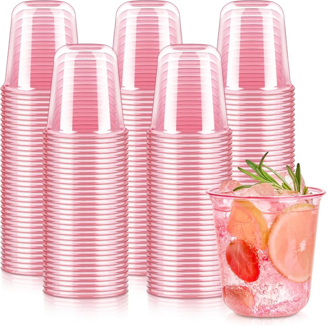 100 Pcs Pink Plastic Cups, 12oz Disposable Stemless Wine Glasses Pink Cocktail Party Cups for Mother's Day, Meeting, Wedding, Birthday Party