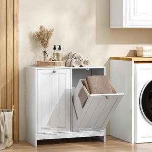 Smart FENDEE Double Tilt Out Laundry Hamper Cabinet, 11.8 Gallon Hidden Trash Cabinets with 2 Baskets for Kitchen, Freestanding Small Bathroom Storage Cabinet Unit, White, 25.98 inches x 12.99 inches x 26.77 inches