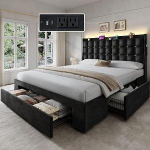 YITAHOME Queen Size Bed Frame with 3 Storage Drawers and RGB LED Lights, Velvet Upholstered Bed with Charging Station and Storage Headboard, No Box Spring Needed, Easy Assembly, Noise-Free, Black