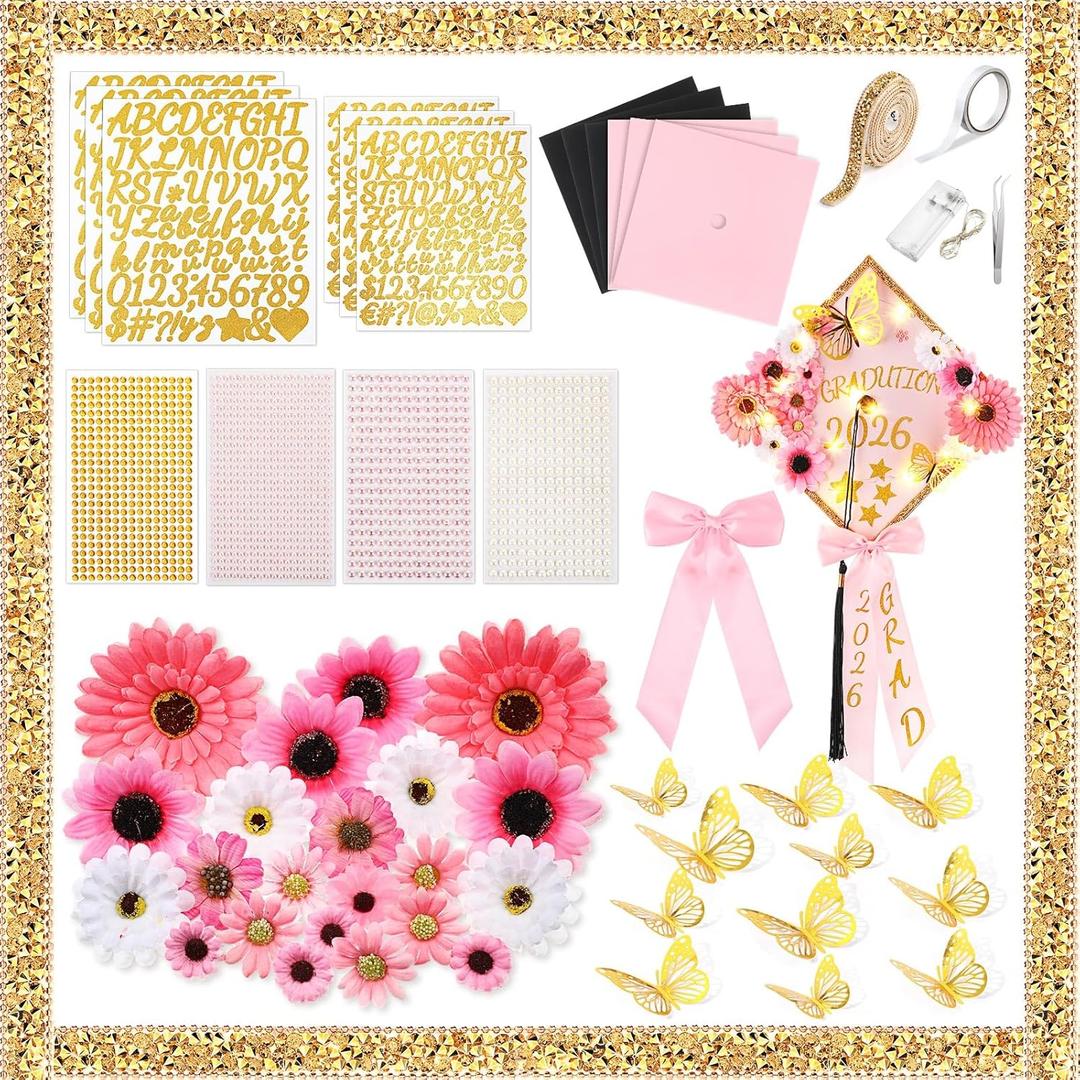 Wavwavw 59 Pcs DIY Graduation Cap Decorations Kit, Pink 2026 Grad Cap Decor with Lights Included Bow Faux Daisy Flowers 3D Butterfly Pearl Letters Stickers Construction Paper for DIY Grad Hat Topper