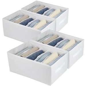 Extra Large Clothes Closet Organizer 6 Compartments for Jean Sweater Sheets to Shirt - Divided Clothing Storage Boxes for Closet, Wordrobe, Bedroom, Shelf (4pc White)