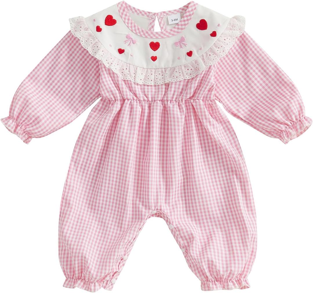 Baby Girl Smocked Romper Heart Embroidery Plaid Jumpsuit Lace Long Sleeve Bodysuit My First Valentines Outfit (Pink, 3-6 Months)