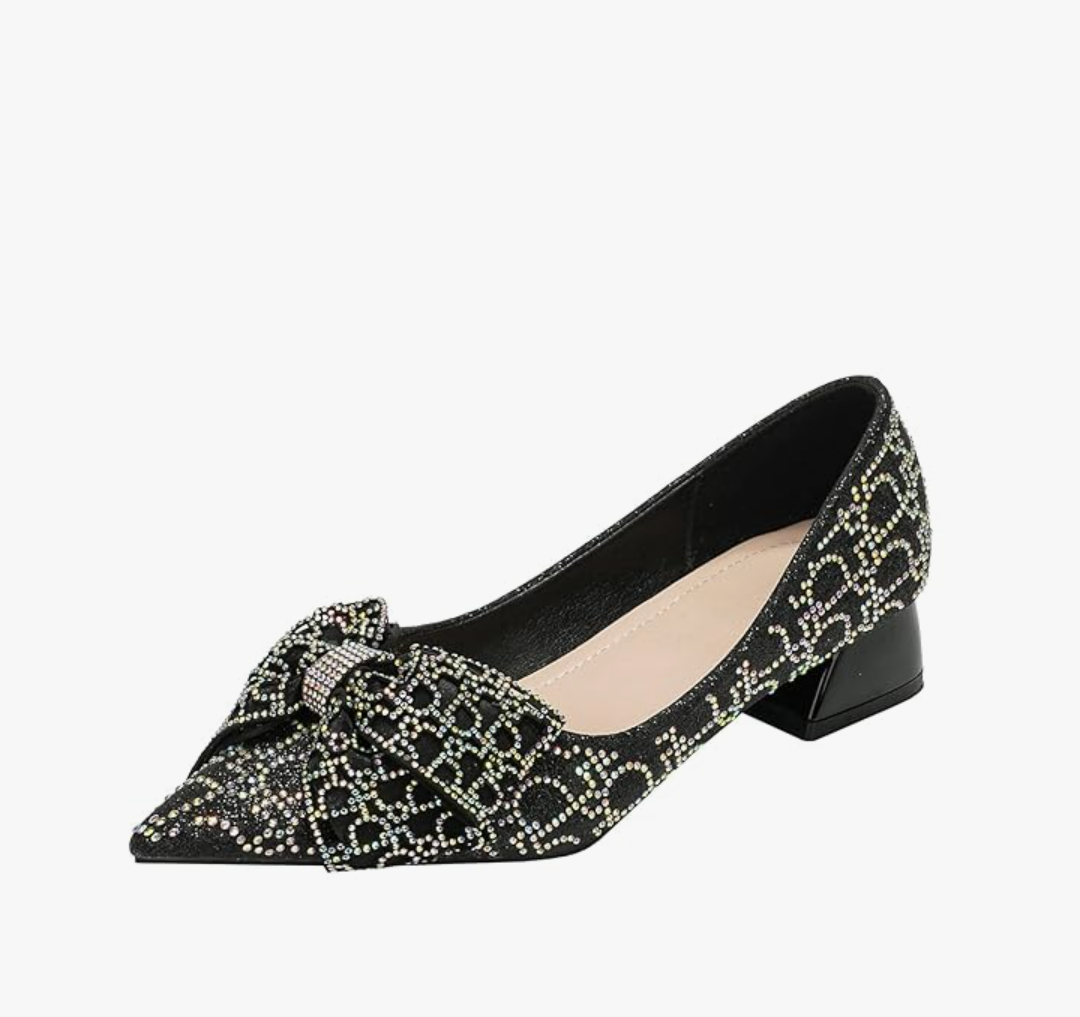 Womens Pumps Comfortable Ladies Dress Shoes Low Heel Pumps Rhinestones Bow Wedding Low Pumps Shoes 42