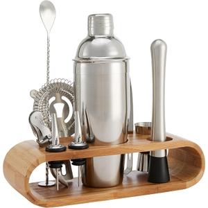 Amazon Basics 10-Piece Stainless Steel Bar Tools Set with Bamboo Stand Holder