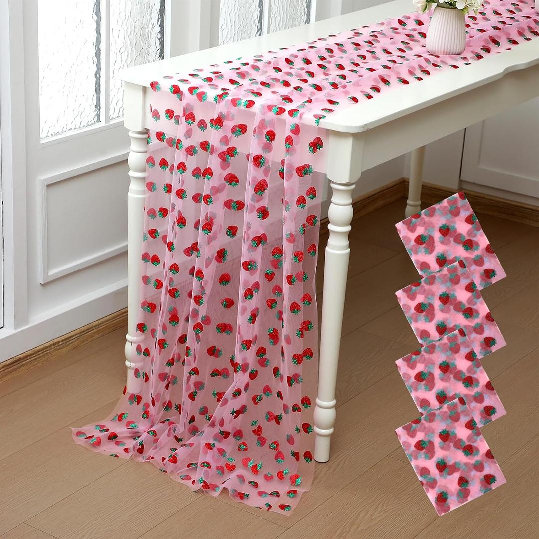 4 Pcs Cherry Table Runner 29 x70 inch Pink Glitter Tulle Lace Cloth Rectangle Fruit Table Cover for Cherry Summer Birthday Baby Shower Wedding Party Home Kitchen Decor(Strawberry)