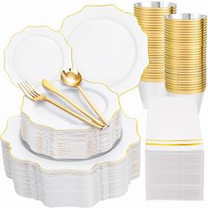 WDF 350PCS White and Gold Plastic Plates - Gold Plates Disposable 50Guest Plastic Dinnerware Ideal for Party/Wedding/Birthday