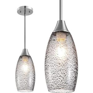 EDISHINE Pendant Light Fixture, Handcrafted Art Glass Hanging Light, Hardwired Ceiling Light with Grey Seed Glass Shade, Adjustable Brushed Nickel Rods, E26 Base, Pendant Lamp for Kitchen Bathroom Bar