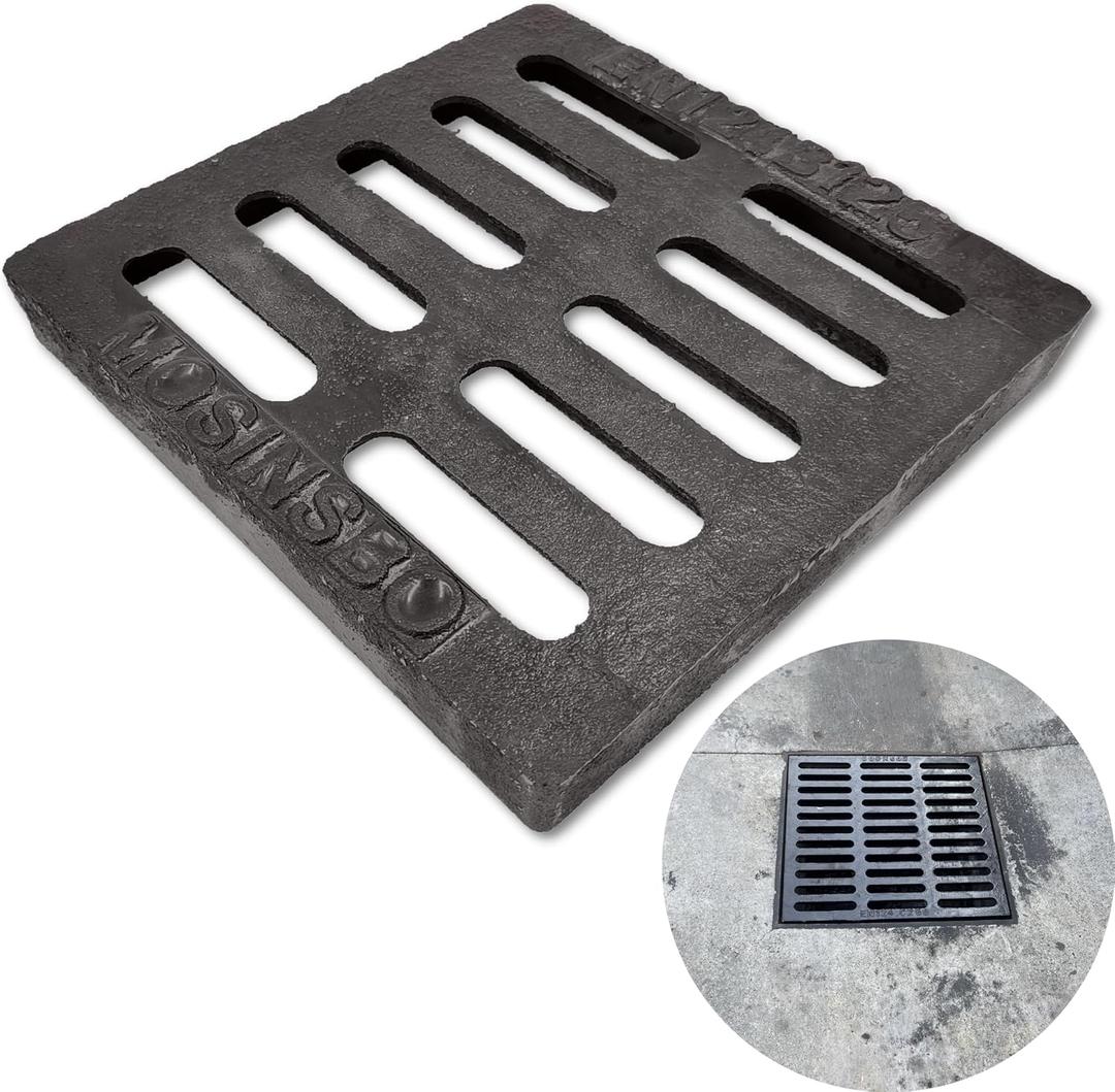 Cast Iron Drain Grate for NDS 9x9 Catch Basin, Outdoor Drain Cover for Polylok, B Class Replacement Sewer Grate, Durable Heavy Duty Channel Grate, Black Square Drainage Grate for Driveway