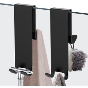 Shower Door Hook, Extended Length Double-Sided Hook for Frameless Shower Doors (7 Inch), Heavy-Duty Stainless Steel Hook for Bathrobes and Towels, No Drilling or Adhesive Required, 2-Pack, Black