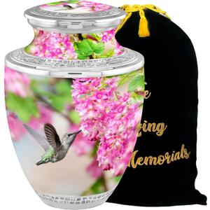 Aesthetic Hummingbird Cremation Urns - Handcrafted Funeral Decorative Urns for Adult Male and Female Ashes - 200lbs Burial Urns with Velvet Bag (Aesthetic Hummingbird No Medallion Fast Shipping)