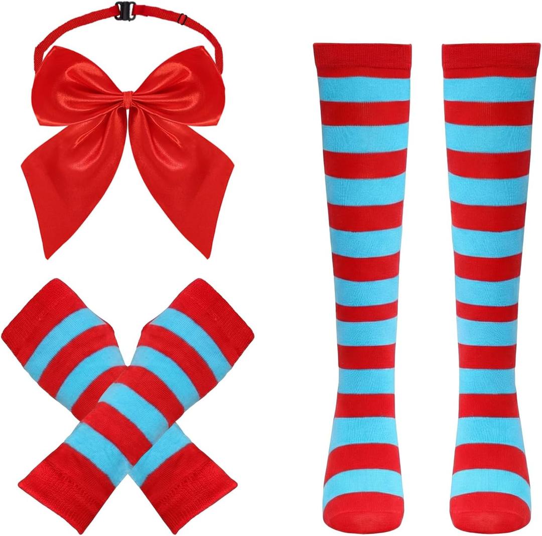 Gvhntk Striped Knee Calf High Socks Fingerless Gloves Red and White Socks Bow Calf High Stockings Long Tube Socks Women (Red)