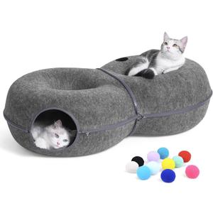 8-Shaped Large Cat Tunnel Bed for Indoor Cats, Infinite Circulation Peekaboo Cat Cave with 12 Toy Balls, Cat Donut Tunnel for Cats up to 30 Pounds (Dark Grey, L 38x24x11in)