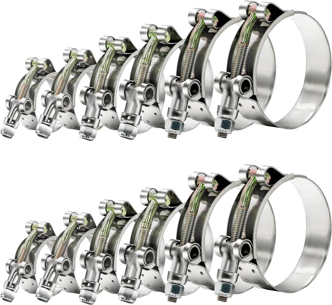 12pcs Hose Clamp Set, T-bolt Radiator Heavy Duty Hose Clamps 6 Size 3/4"~ 2" Working Range 28-64mm, 304 Stainless Steel Turbo Intake Soft Hose Intercooler Clamps