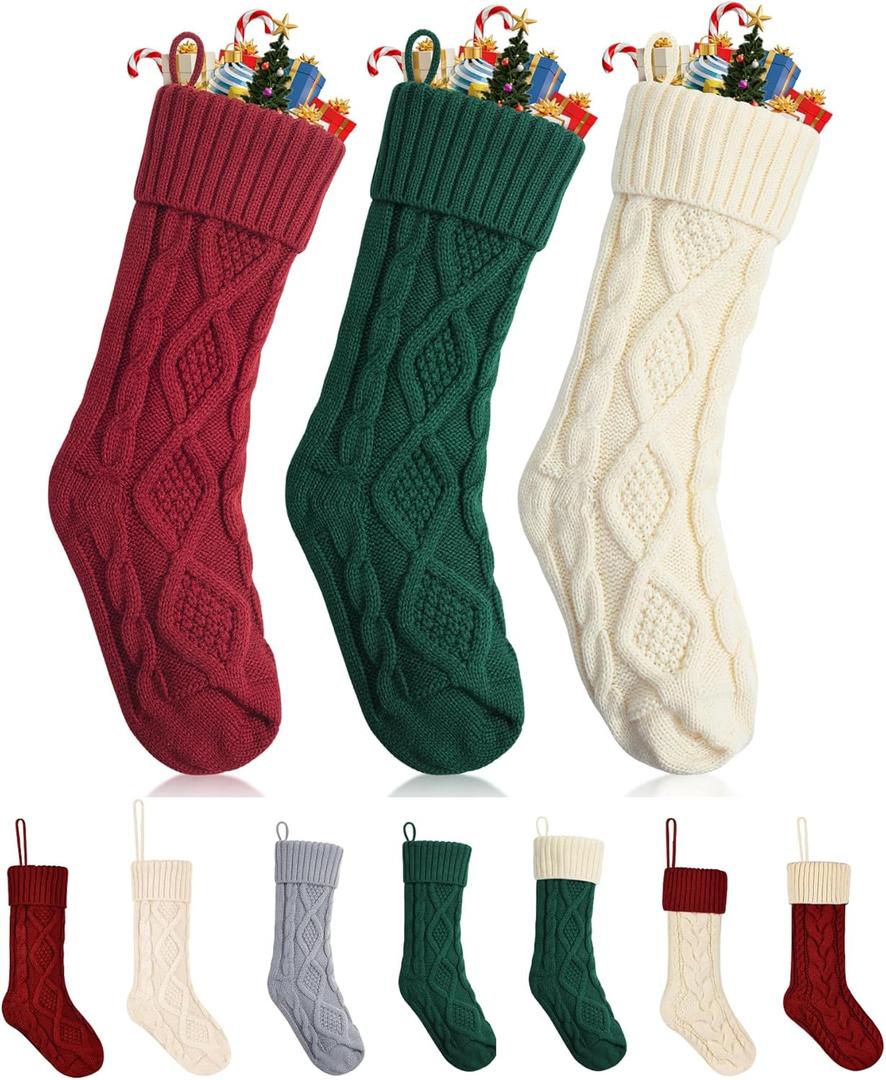 Mr. Pen Christmas Stockings, 3 Pack, Cable Knit Stockings for Christmas, Cable Knit Christmas Stocking for Christmas, Large Stockings Christmas, Knit Stockings Christmas, Red, Cream & Green