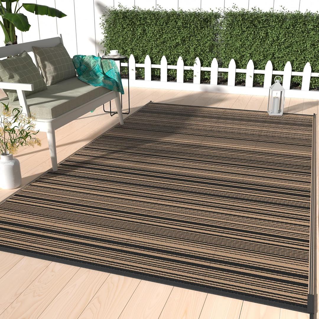 GENIMO Outdoor Rug 8x10 ft Waterproof, Reversible Plastic Straw Patio Rug for RV Camping Mat, Deck, Backyard Balcony Mat - Lightweight & Easy to Clean, BlackBrown