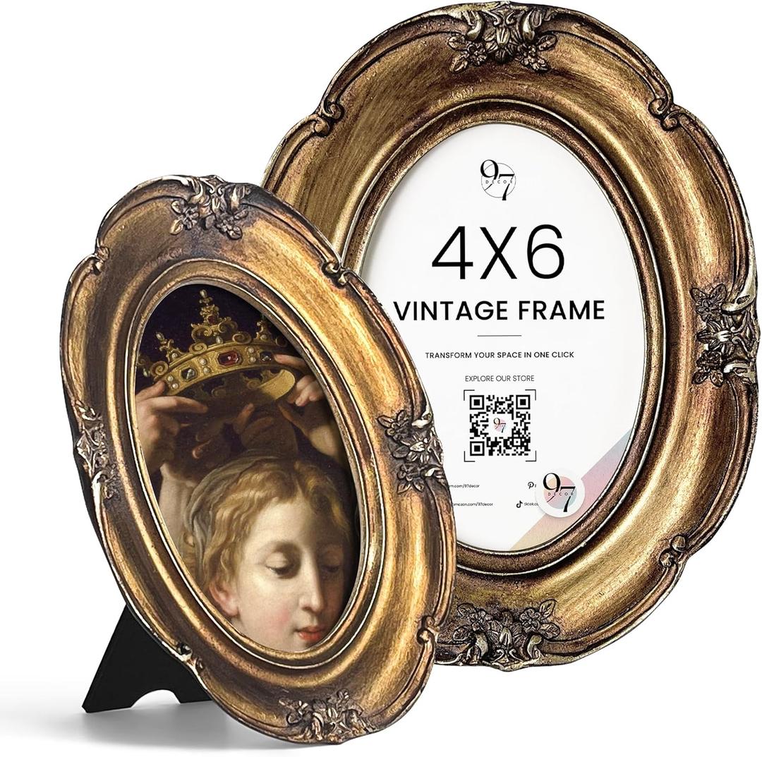 97 Decor 4x6 Vintage Picture Frame - Ornate Gold Frame 4x6, Antique Photo Frames 4x6in, Rustic Small Frames Retro Decorative Wall Hanging For Home (Bronze Oval)
