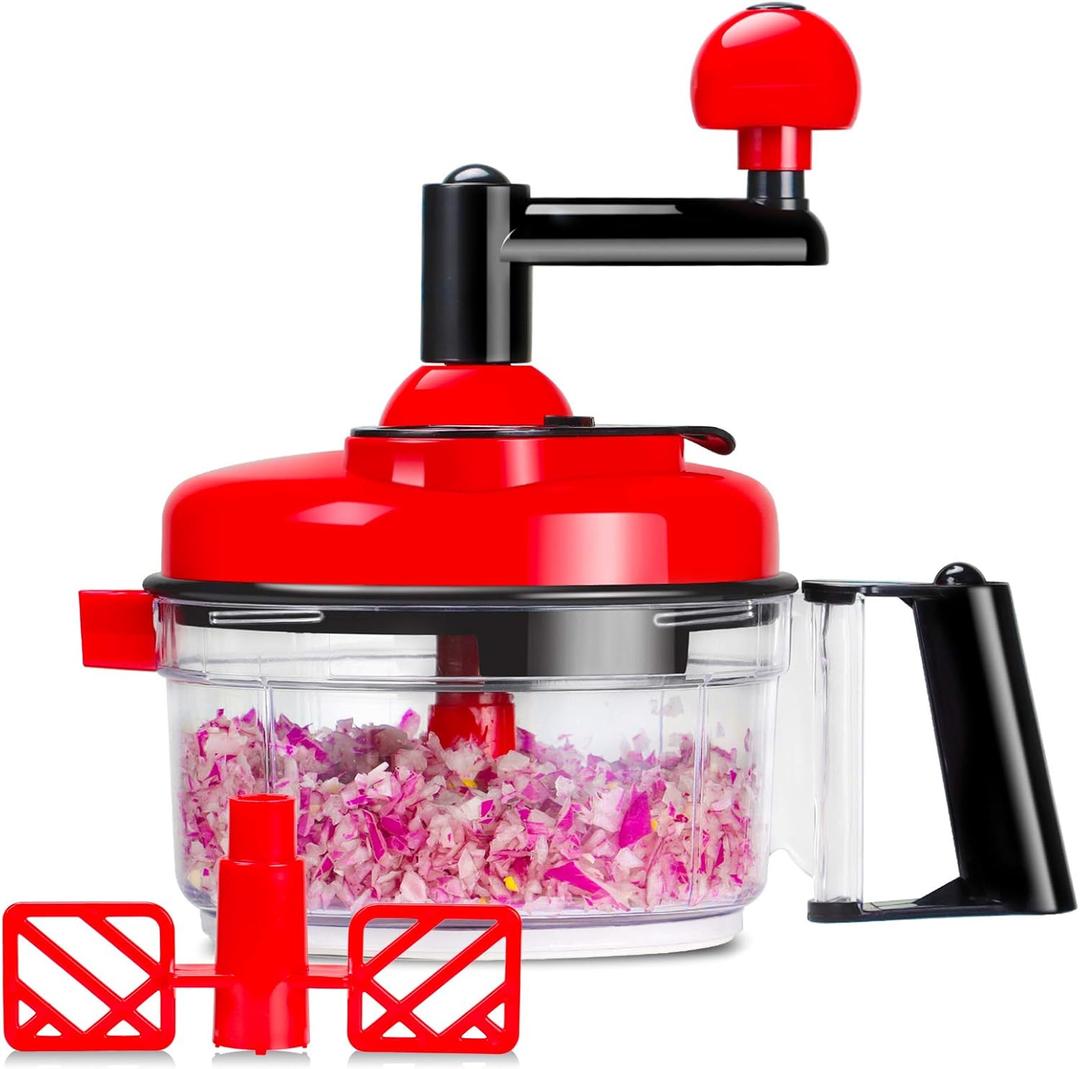 Cambom Manual Food Chopper Vegetable Chopper Hand Food Processor, Mixer, Blender, Whipper, Egg White Separator, Mincer, Grinder, Dicer with Clear Container 1200ml BPA Free Strong (Red)