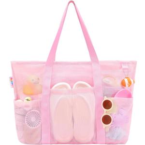 Tagitary Mesh Beach Bag with Zipper Large Beach Tote Waterproof Sandproof with 8 Pockets for Toys Pool Bag Beach Accessories (Pink)