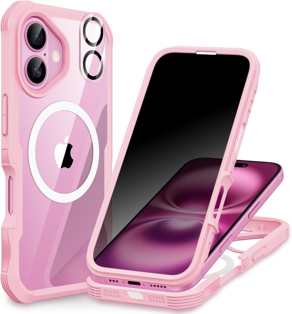 CENHUFO Magnetic Privacy for iPhone 16 Case [Compatible with Magsafe] Full Body Phone Case Built-in 9H Tempered Glass Privacy Screen Protector and Camera Lens Cover, Shockproof Bumper Clear - Pink