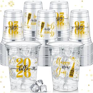 Layhit 100 Pcs Happy 2026 New Year Plastic Cups 12 oz Clear Plastic New Year Holiday Cups Festive Drinking Disposable Eve Party Supplies