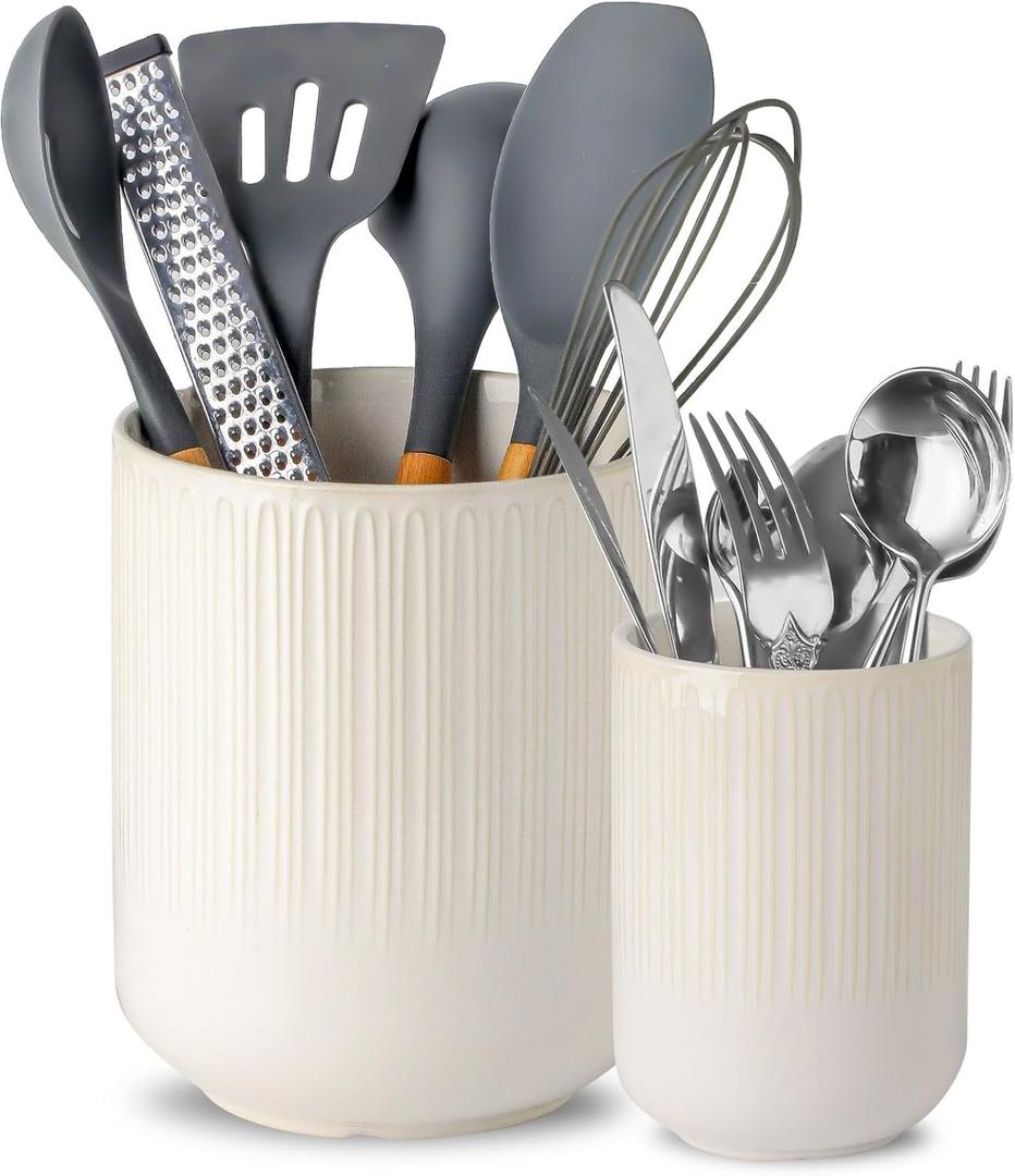 Utensil Holder, Set of 2, Large utensil holder for kitchen counter, 7.3"+5.4" cooking utensil holder for countertop, Kitchen spatula holder for kitchen decor (Modern Farmhouse Color)