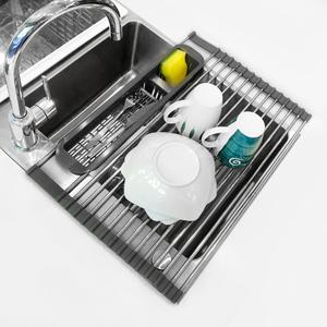Dolreiik Roll Up Dish Drying Rack Over The Sink, 304 Stainless Stee Dish Drainer, Foldable & Adjustable Sink Drying Rack for Kitchen Sink Counter with Utensil Holder (Black, Roll Up,Small,Expandable)
