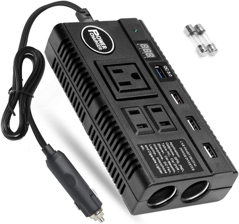 Car Power Inverter 120W 12V 24V DC to 110V AC 4 USB Ports Car Charger Adapter with 3 AC Outlets Dual Cigarette Lighter, Digital LED Display Quick Charging 3.0 for Phones Tablets PC Laptops (120W)