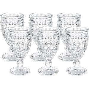 Kingrol Vintage Goblet Glasses Set of 6, 10 oz HeavyDuty Pressed Glass Water or Wine Glasses with Ornate Design for Dining, Daily Use or Party Display
