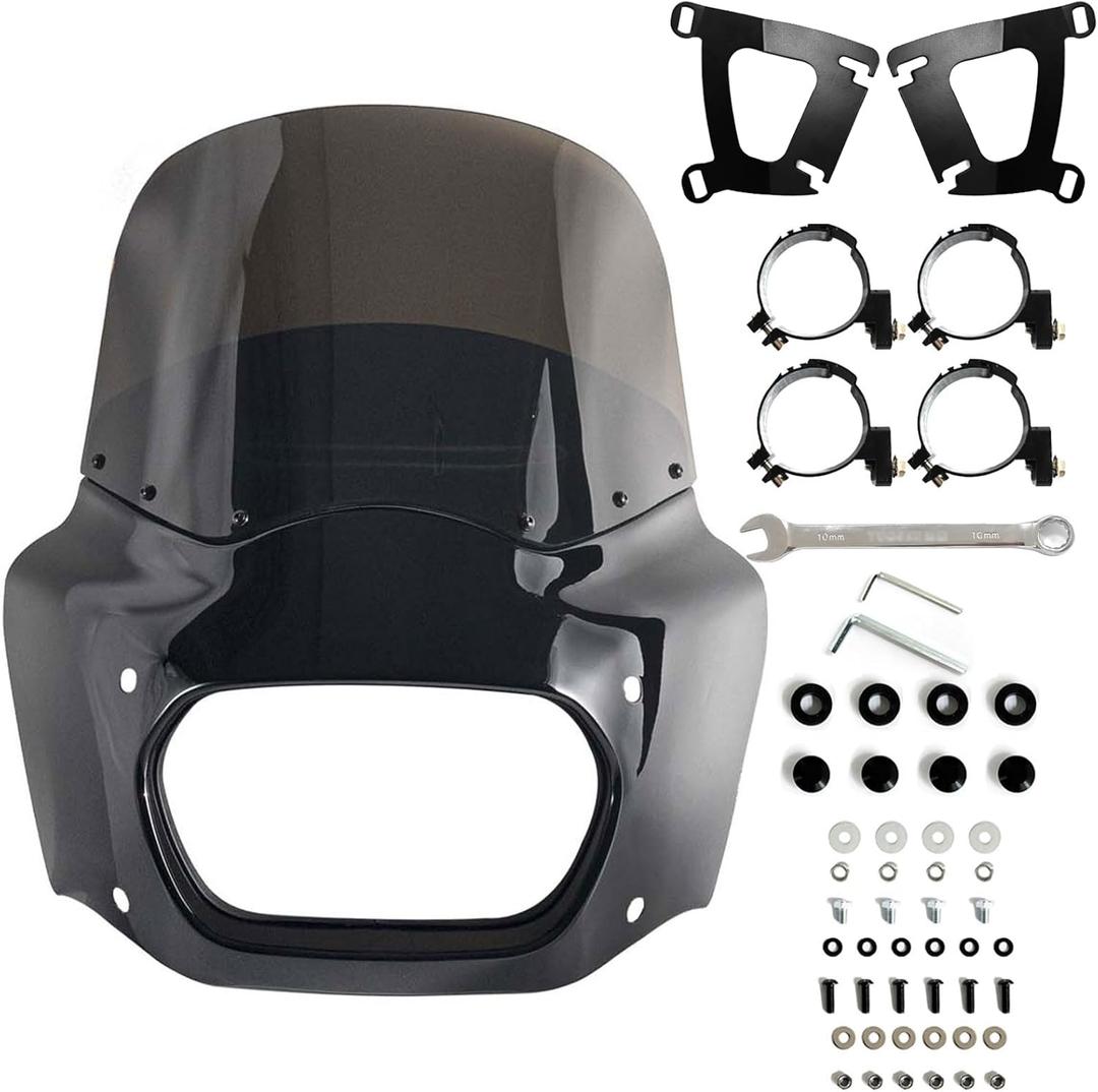 Motorcycle Fairing Windshield Kit, Retro Motorbike 11" Smoked Wind-Screen Black Fairing, 48-58mm Forks Fit for Softail Fat Bob FXFB 2018-2019 114 FXFBS 2018-2023