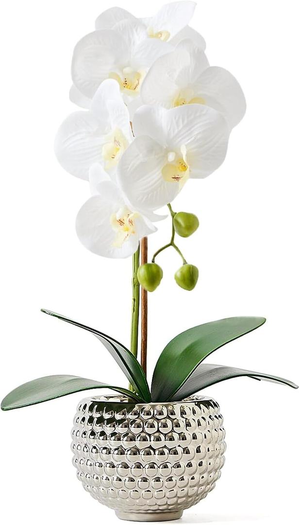 Fake Flowers with Vase, Large Orchids Artificial Flowers in Silver Pot Fake Orchid Fake Plant in Pots Artificial Flowers for Home Decor Indoor Table Centerpiece Bathroom Decoration