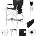 Professional Tall Makeup Chair with Folding Side Table & Storage, Portable and Sturdy Directors Chair for Makeup Artists & Beauty Enthusiasts (44.9 inch, Silvery)