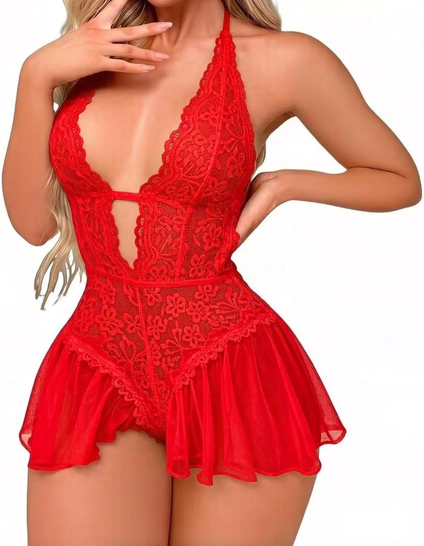 Sexy Lingerie for Women Lace Bodysuit One Piece Teddy Mini Babydoll Mesh Sleepwear V Neck Chemise Nightgowns (Red, L)