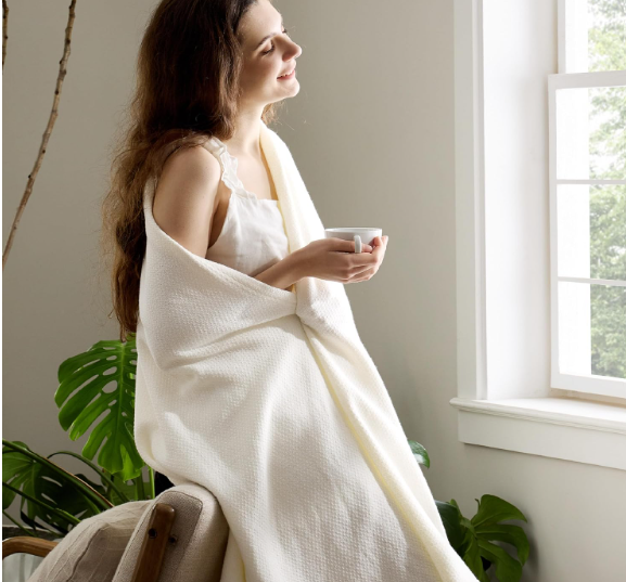 Bedsure GentleSoft 100% Cotton Large Throw Blanket for Couch 50x70 inches - Breathable and Lightweight, Soft Cozy Herringbone Woven Cotton Throw for Summer, Cream Office Chair Blanket, Cream