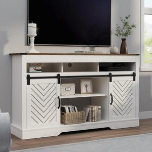 RoyalCraft Farmhouse TV Stand for 23" Electric Fireplace, Tall Entertainment Center for 65+ Inch TV, 34" Tall Rustic TV Console with Sliding Bar Door for Living Room, Wood-Tone and White