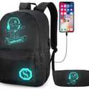 School Backpack for Teen Boys, Skateboard Anime Luminous Backpack with USB Charging Port, Anti Theft Lock and Pencil Case, College School Bookbag Lightweight Laptop Bag, Black