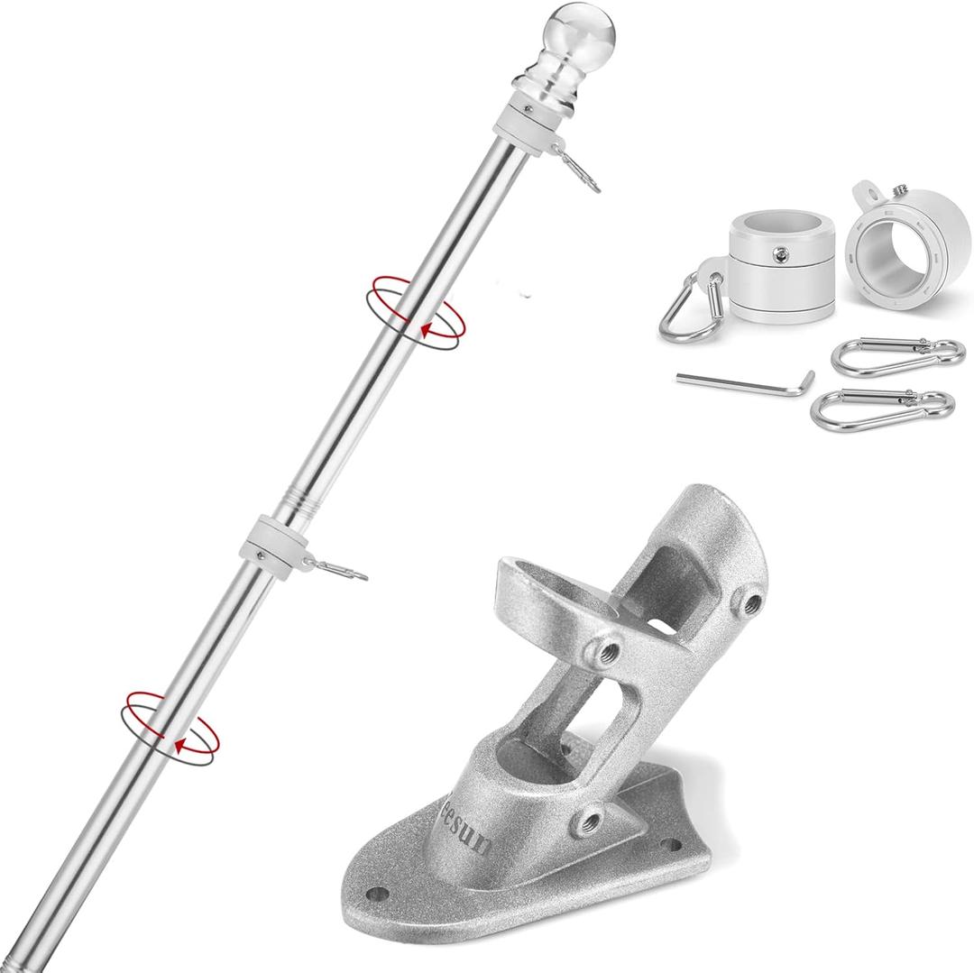 Yeesun Flag Pole,6FT American Flag Pole & Bracket-Suitable for 3 x 5 Flags Holder for House Porch & Outdoor,Tangle Free and Wall Mount Flag Pole Kit (Without Flag, Silver)