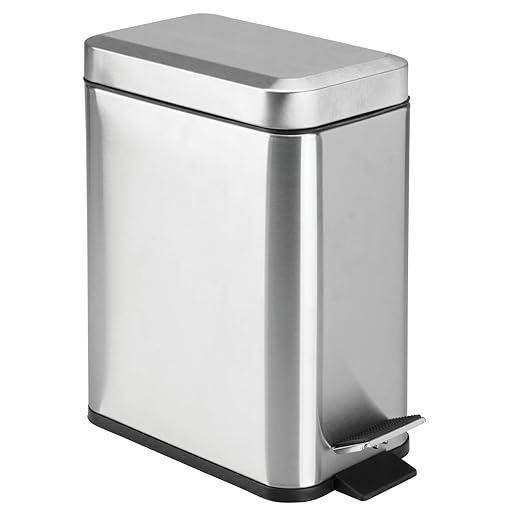 mDesign Stainless Steel Slim Rectangular Modern Metal 2.6 Gallon/10 Liter Trash Can Wastebasket, Garbage Container Bin for Bathroom, Bedroom, Kitchen, Home Office; Holds Waste, Recycling  Soft Brass
