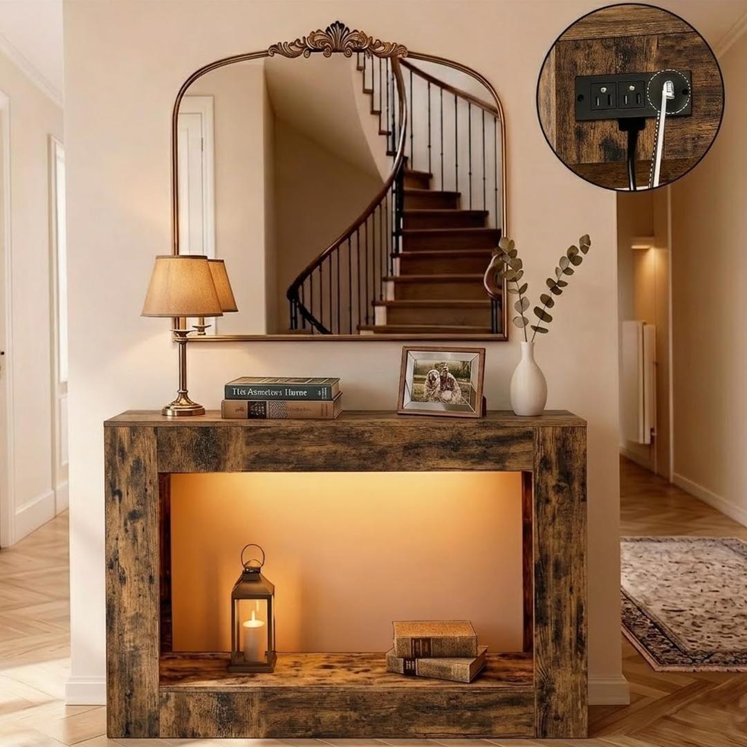 ZIFTY 50" Console Table with Charging Station & LED Lights, Narrow Entryway Table with Power Outlet, Modern Brown Decorative Foyer Table with Open Storage, Behind Couch Table for Hallway, Living Room