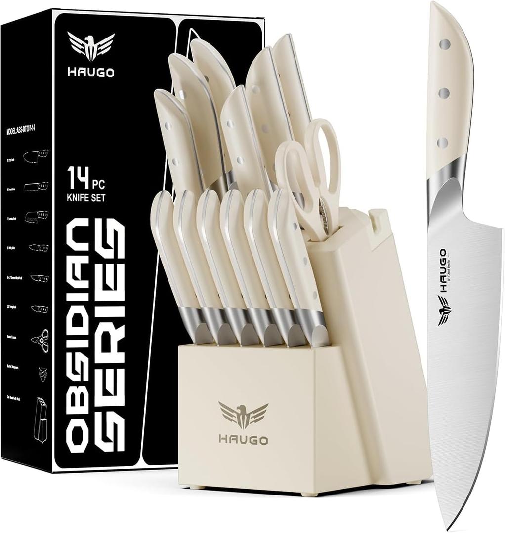 Kitchen Knife Set - Haugo 14 PCS Cream White Knife Set with Block and Sharpener - German Stainless Steel - Full Tang Knife Block Set and Ergonomic Handle - Obsidian Series
