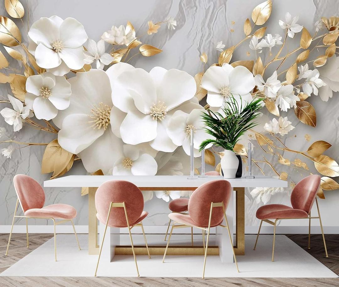 3D Wallpaper Illustration Beige Background Large White Abstract Gold Leaf Flower for Living Room Bedroom Backdrop DecorationNon-self-Adhesive (149" x 96", MURAL-219) 3D Wallpaper Illustration Beige Background Large White Abstract Gold Leaf Flower for Living Room Bedroom Backdrop DecorationNon-self-Adhesive (149" x 96", MURAL-219)