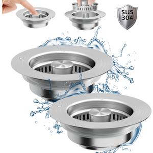 NinjaTiger Kitchen Sink Drain Strainer - 2-Pack Stainless Steel Sink Stopper 3-in-1 Pop-Up Sink Strainer with Anti-Clogging Basket Odor Filter Sink Drain Cover Plug for US Standard 3-1/2 Inch Drain