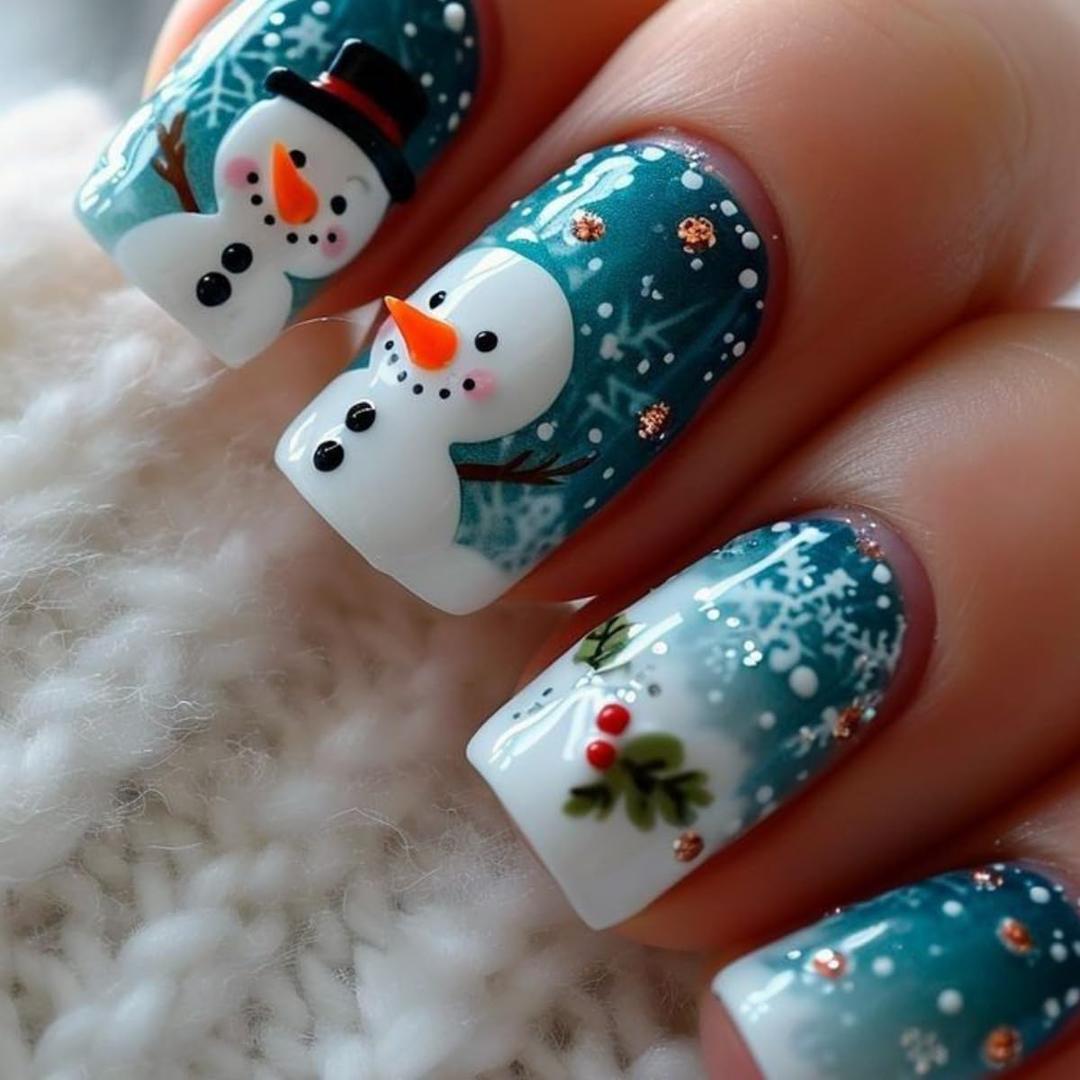 Christmas Press on Nails Blue Snowman Fake Nails Snowflake Short Square False Nails with Holly Gradient Polka Dot Blue Stick on Nail Xmas Full Cover Glue on Nails for Women 24Pcs